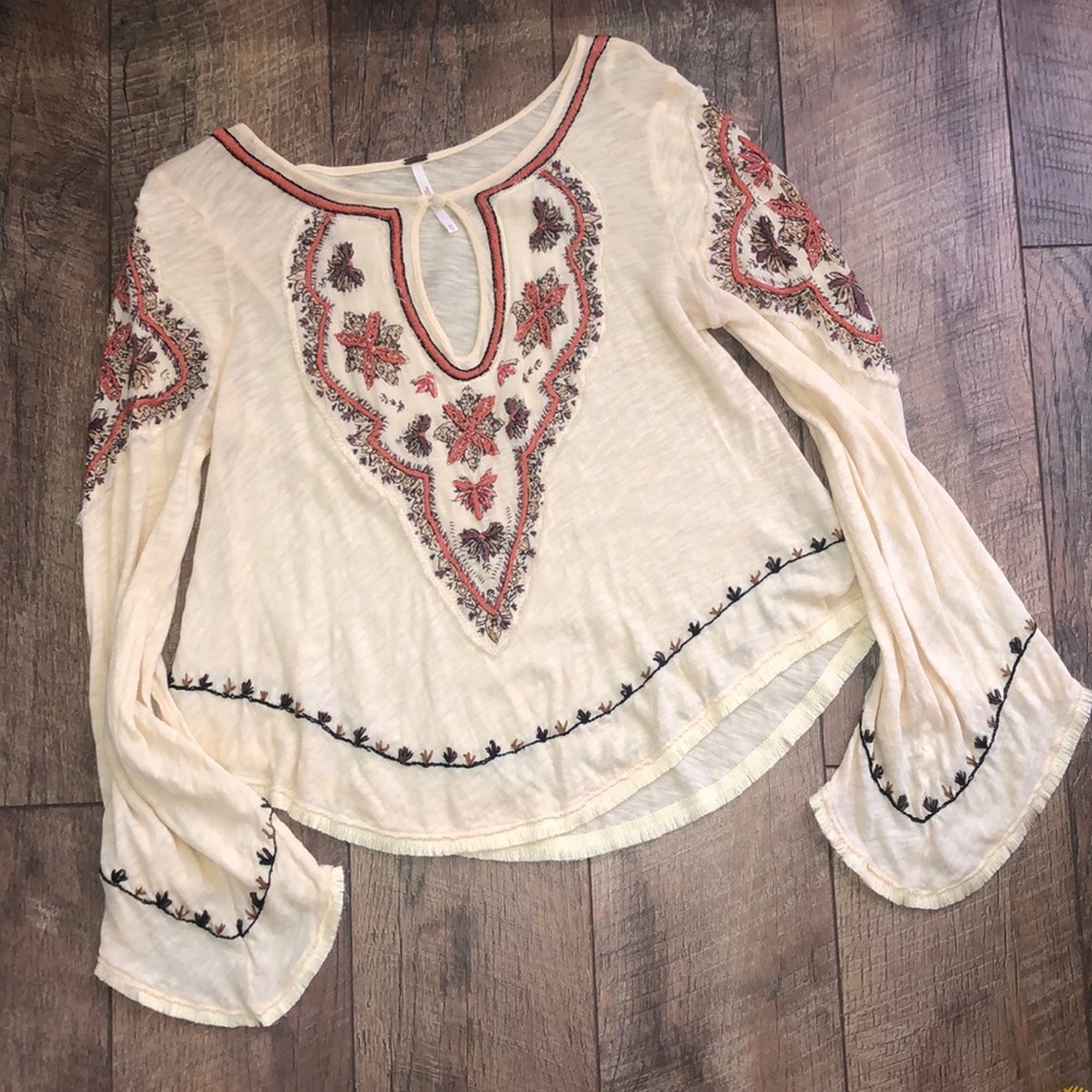 Free People Hauz Khas Village Bell Sleeve Embroidered Top